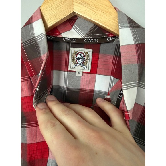 Cinch Mens Plaid Button Down Long Sleeve Shirt Red Brown White Size Medium - Picture 3 of 9